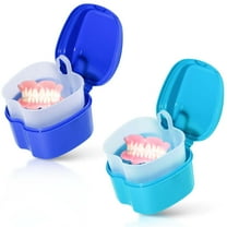 ZHUYING 2 Pack Colors Denture Bath Case Cup Box Holder Storage Soak Container with Strainer Basket for Travel Cleaning (Light Blue and Blue)