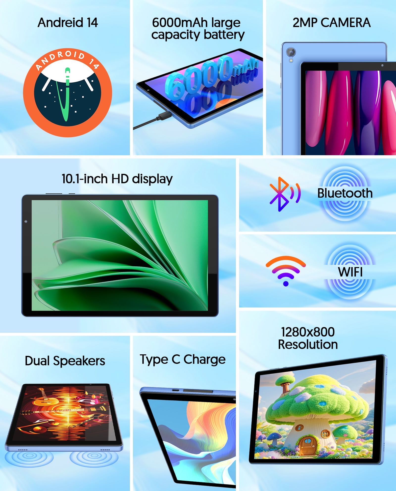 Android Tablet, 10 inch Android 14 Tablet, Quad-core CPU, RAM 4GB（2G+2G）, ROM 32GB (Up to 1TB), 800x1280 IPS, WiFi 6, 2MP+2MP, 6000mAh, Blue