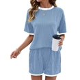 thumbnail image 3 of Women 2 Piece Shorts Set Casual Summer Outfits Ribbed Loose Short Sleeve Matching Lounge Sets Light Blue L, 3 of 8