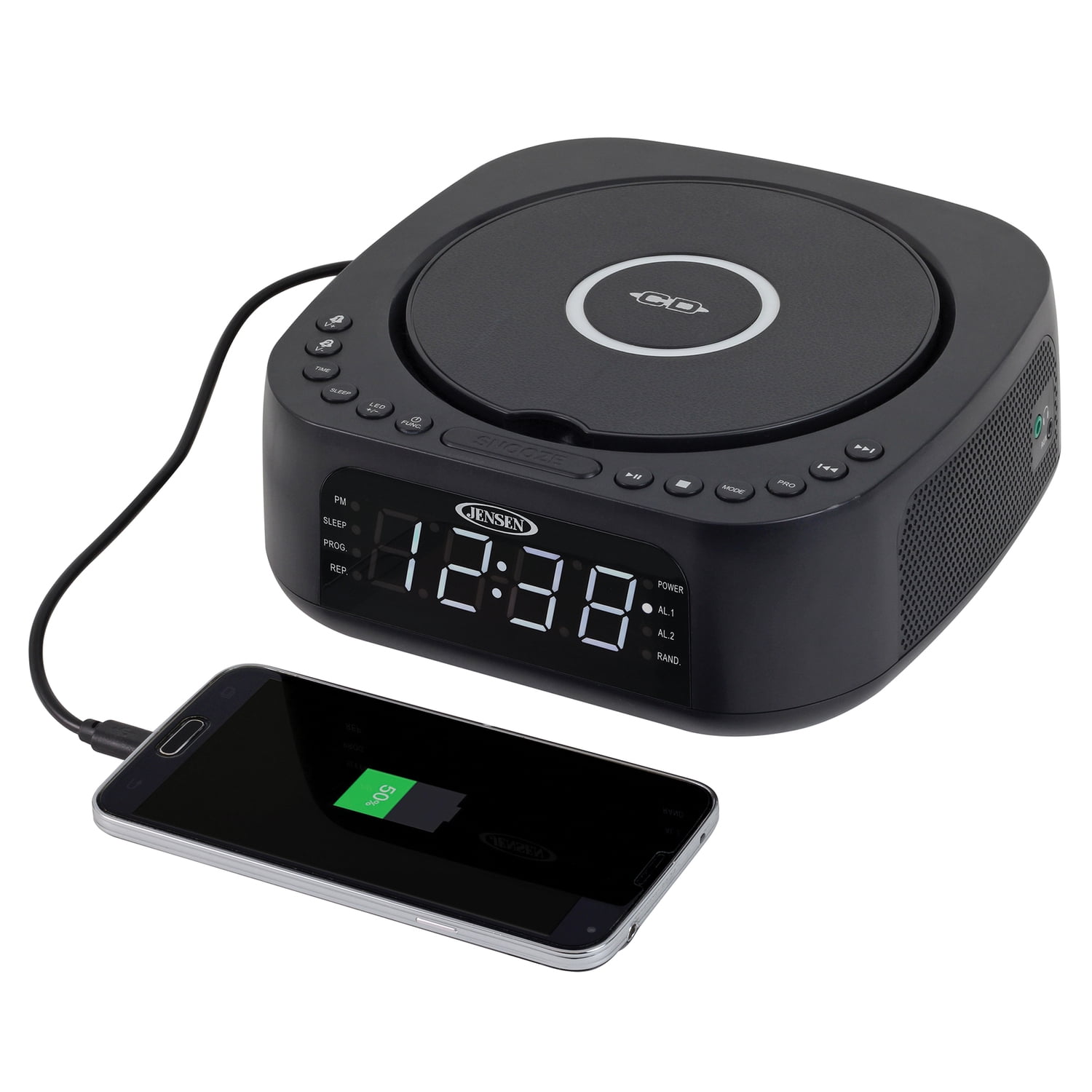 JENSEN Stereo Digital Dual-Alarm Clock with Top-Loading CD Player, FM Tuner, USB Charging Port, and Battery Backup, JCR-375