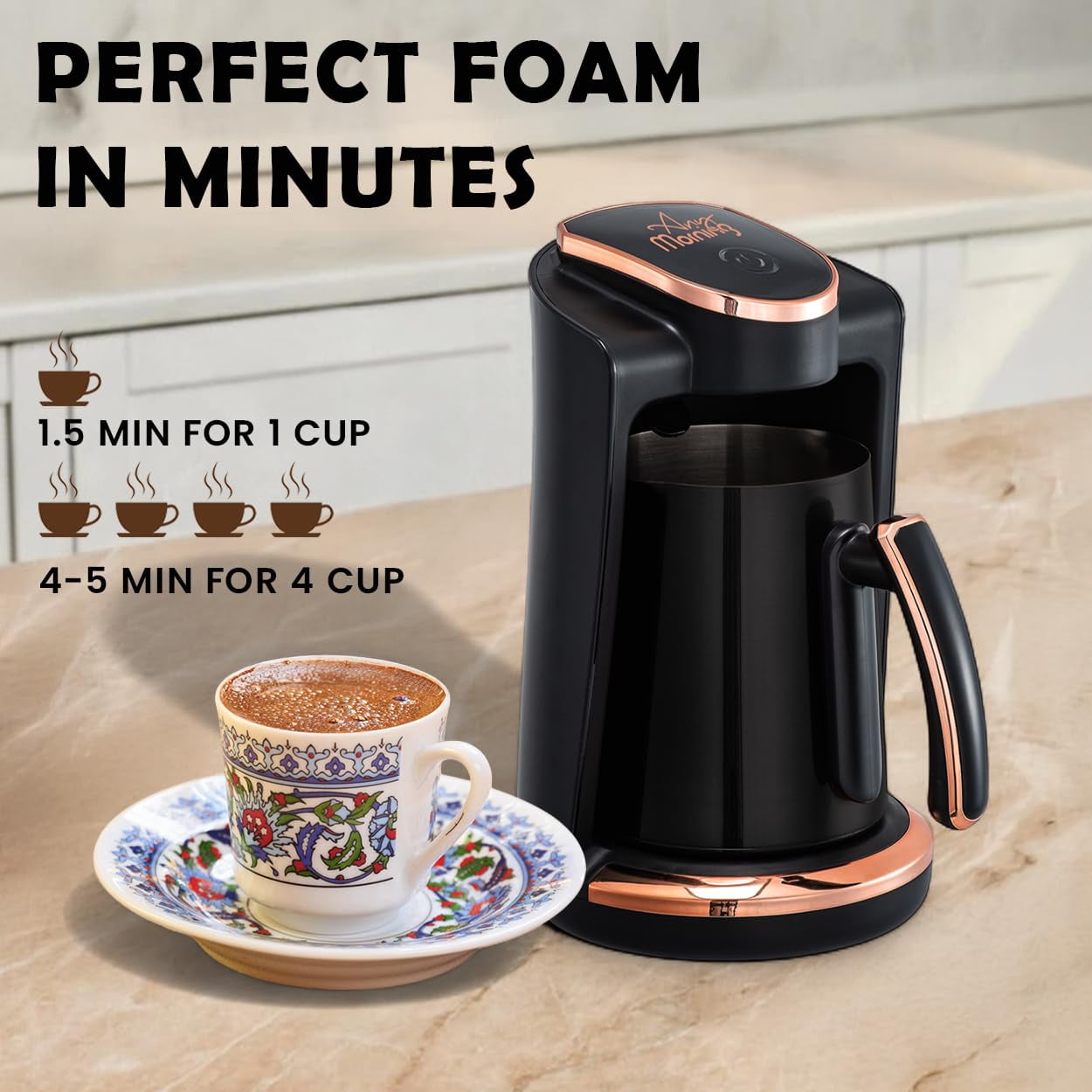 Any Morning LI23201S Turkish Coffee Maker, Stainless Steel Double Spout Pot, 8.4 oz - 4 Cups
