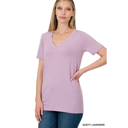 Zenana Women & Plus Relaxed Fit V-Neck Short Sleeve Basic Jersey T-Shirt Tops price history on PriceWatchPro