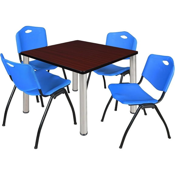 Homestock Modern Minimalism 42" Square Lounge Table Mahogany/ Chrome With 4 'M' Nesting Chairs, Blue - Ergonomic Breakroom Furniture Set For Staff Break Room, Tables & Chair, Breakroom Set