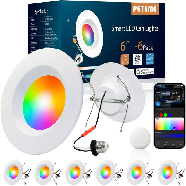 Paquete de 6 luces LED empotradas Smart Retrofit Peteme de 6 pulgadas