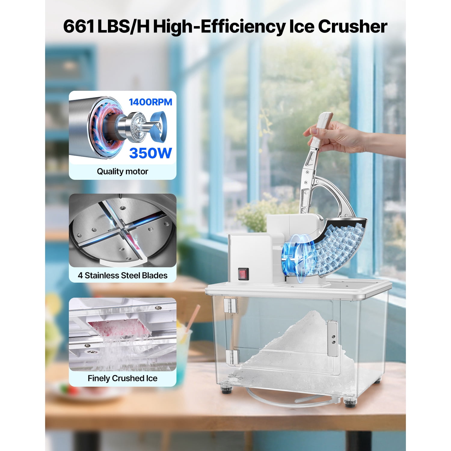 KFFKFF Commercial Ice Crusher 661LBS/H, 350W Electric Snow Cone Machine with 4 Blades, 1400RPM Stainless Steel Shaved Ice Maker with 11 Gal Ice Storage, Ideal for Homes, Restaurants, and Bars, White