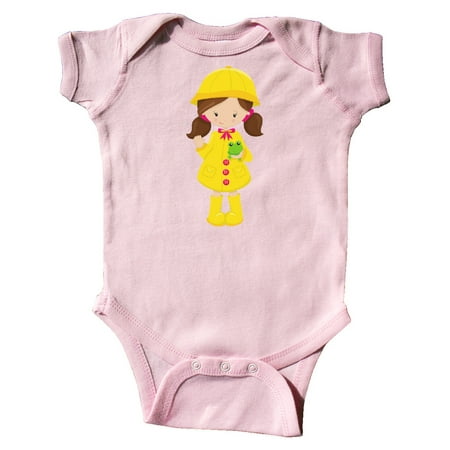 

Inktastic Girl With Brown Hair Yellow Raincoat Frog Gift Baby Girl Bodysuit