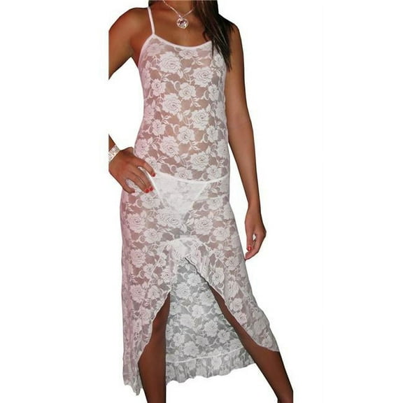 Sexy Lace Long Dress Lingerie Set Sleepwear with G String, White - One Size