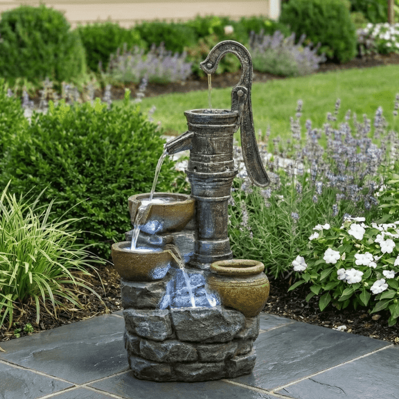 QZYeYun 32 Inch Vintage Hand Pump Outdoor Water Fountain with Cool White LED Lights, Cascading Flow, Weather-Resistant Polyresin for Patio Backyard Garden Decor