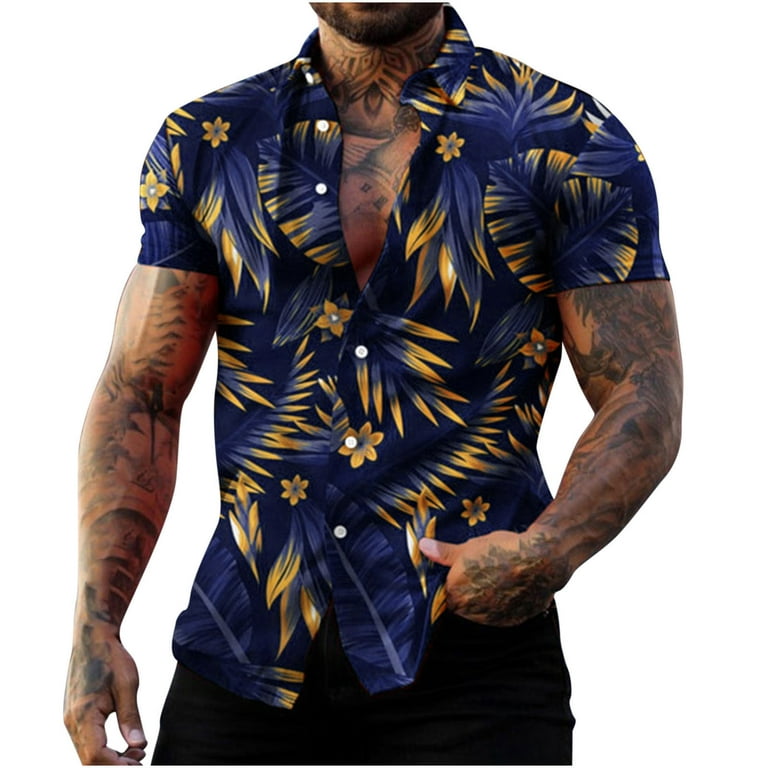 VSSSJ Shirts for Men Loose Fit Short Sleeve Botton Down Casual Collared  Tshirt Comfortable Hawaiian Printed Summer Vacation Style Tops Blue S 
