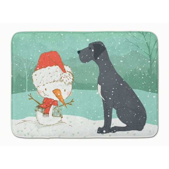 Black Great Dane and Snowman Christmas Machine Washable Memory Foam Mat