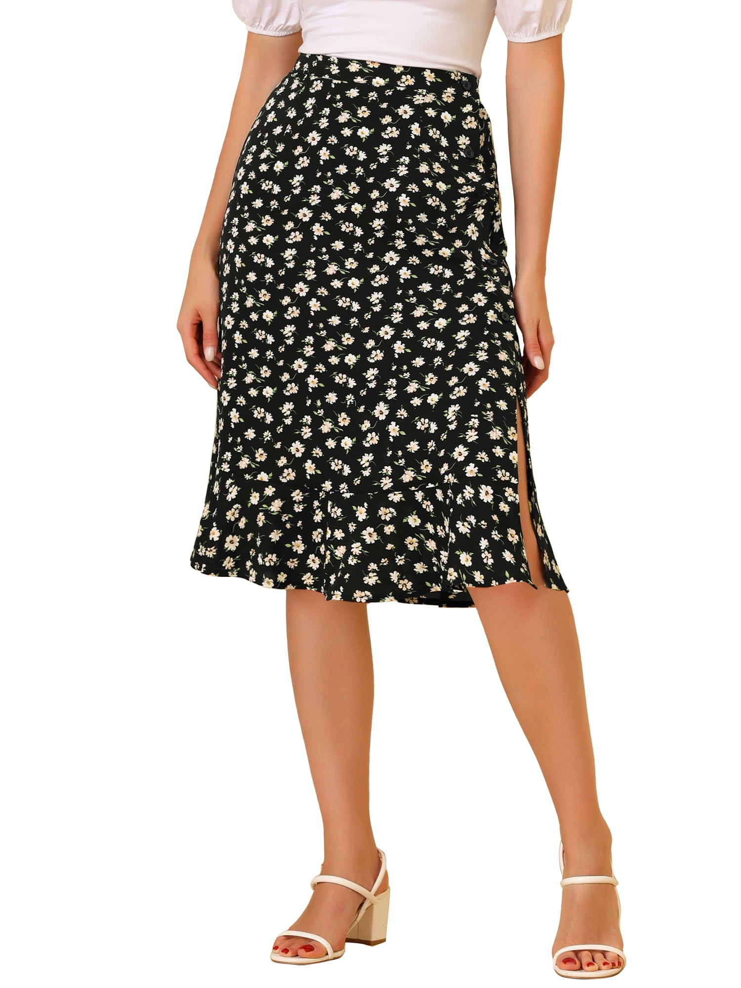 DARING DIVA Women's Floral Ruffle Hem Elastic Back Split Skirt M Black