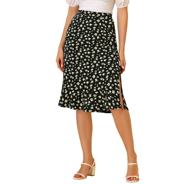 Faldas midi florales para mujer Inspire Chic, con volantes, cintura alta, fluida, en línea A, con abertura, longitud a la rodilla, 2XL, negra