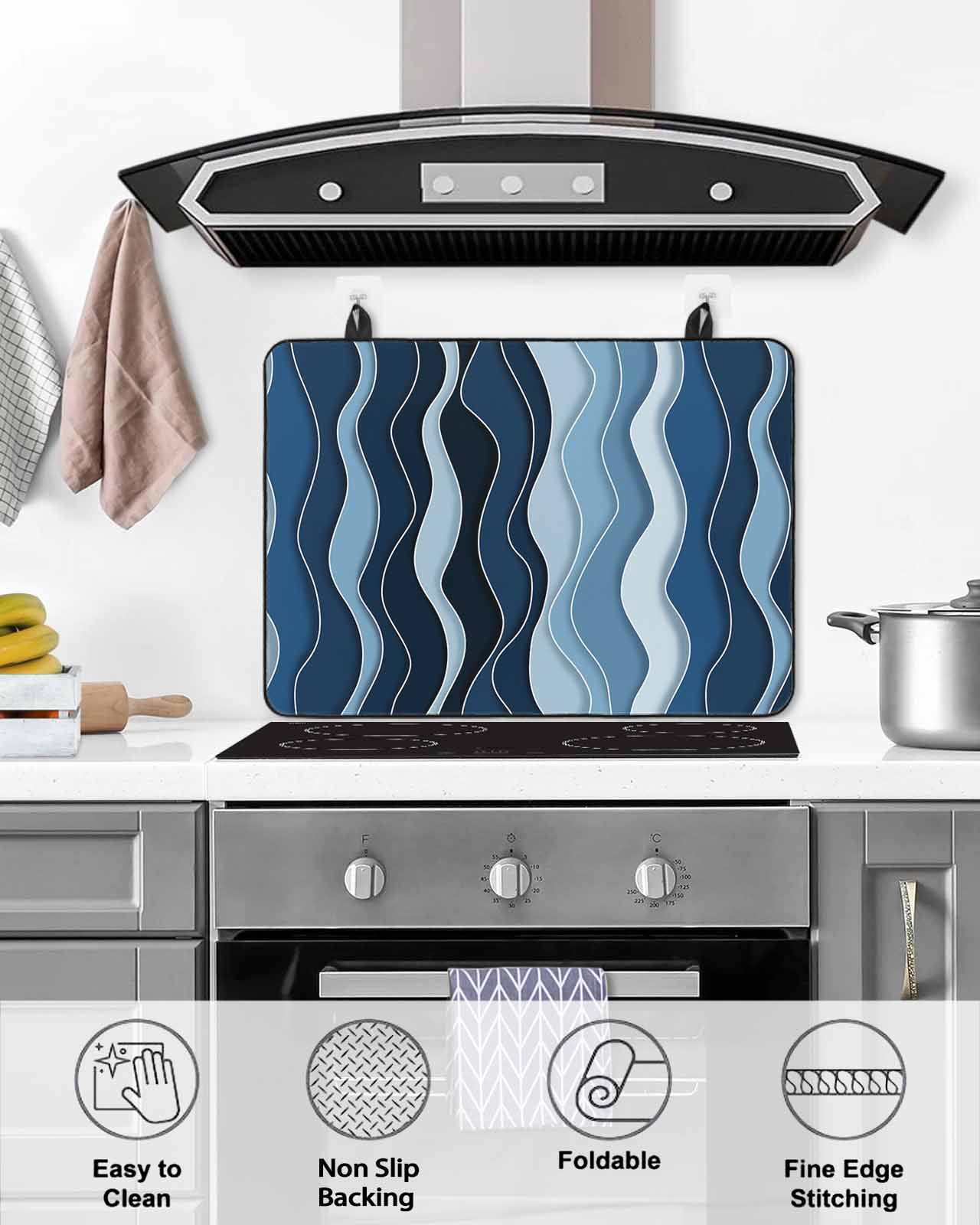 nqOlkjepod Large Induction Cooktop Protector Mat 36"x21", Abstract Blue Moire Stove Top Covers for Electric Stove, Gradient Coastal Ocean Geometric Waves Stove Burner Cover Mats Stove Cover