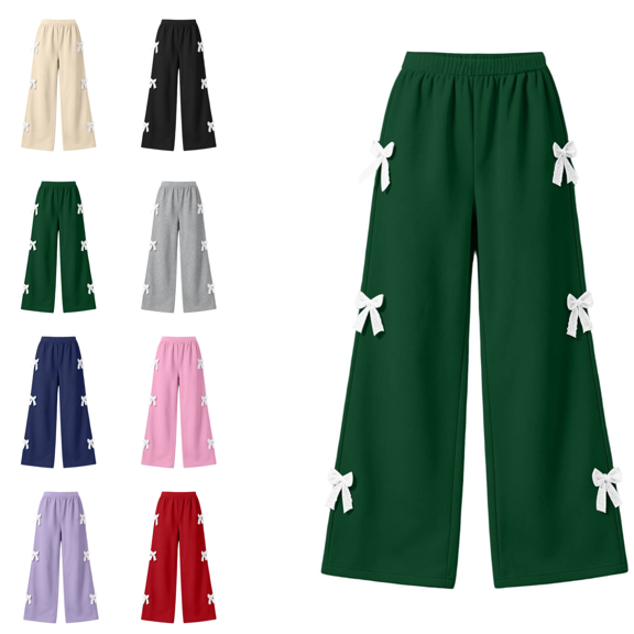 VEKDONE Girls Bow Side Sweatpants Loose Fit Pull‑On Waist Track Pants Wide Leg Casual Athletic Joggers Fall Winter Fashion Re4Laxed Clothing for Street,Home