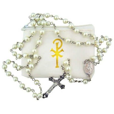 White Glass Bead Rosary Necklace with White Zipper Vinyl Case, 20 Inch