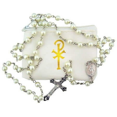 - White Glass Bead Rosary Necklace with White Zipper Vinyl Case, 20 Inch