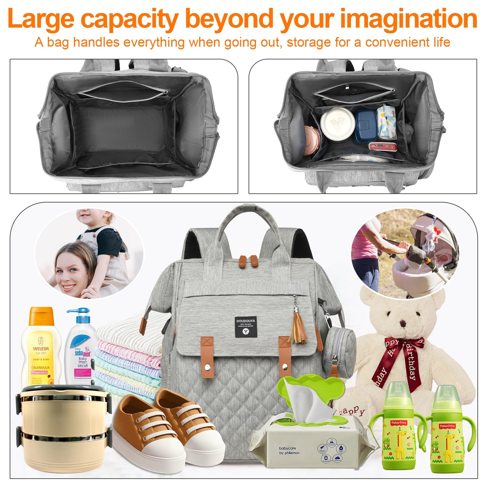 TOPCHANCES Diaper Bag Backpack, Multifunctional Baby Bag with Changing Station, 45L Large Capacity Baby Diaper Bags for Outdoor Travel (Gray)