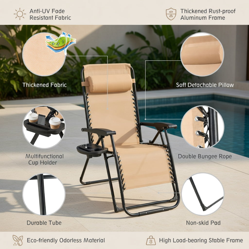Hommoo Oversized Zero Gravity Lounge Chair with Cup Holder & Headrest Pillow, Heavy-Duty Outdoor Recliner for Backyard, Pool, Garden, Beige