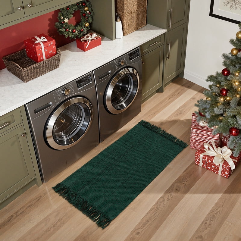 SUNDEREY 2'x4' Christmas Doormat Hallway Runner Rug,Washable Kitchen Floor Mat, Cotton Woven Reversible Entryway Rug, Holiday Xmas Decor Indoor Outdoor Throw Rug,Green&Black