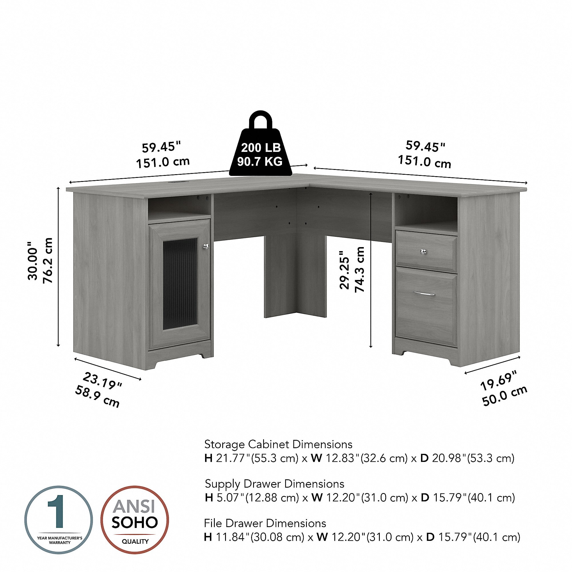 Bush Furniture Cabot 60" L Shaped Desk with Storage, Modern Gray