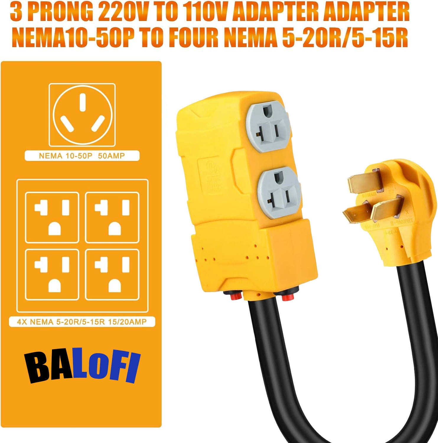 BALoFI 1.5FT 220 Adapter: NEMA 10-50P to 4x 5-20R/15R with 20 Amp Circuit Breaker - Perfect for 220/250V Electric Stove/Range/Oven! Power Convert Cable