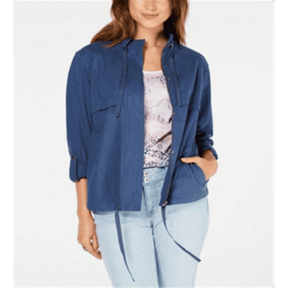 Style & Co Women's Zip up Roll Tab Sleeve Jacket Blue Size Small