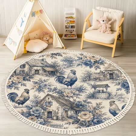 Washable Non Slip 4ft Round Rug Vintage Farmhouse Toile Roosters Cottages Blue Floral Motifs Circle Area Rugs with Tassels Carpet for Nursery Bedroom Living Room Playroom Tent Rug Tent Castle