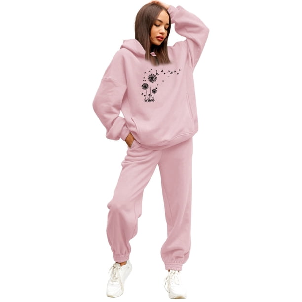 Gibobby Conjunto de sudadera para mujer Traje pantalón de dos piezas con capucha informal y estampado floral de diente de león de girasol para mujer(Rosa,XL)