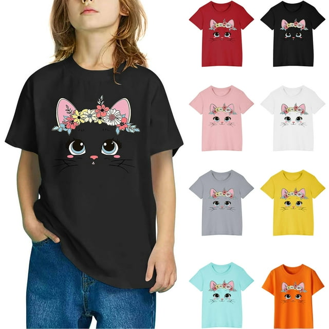 CFLVAEK T-Shirts pour Filles Mignons Graphiques Manches Courtes Décontractées Été T-Shirt Coupe Ample Col Rond Coton T-Shirts 2025 Rouge 4 Ans