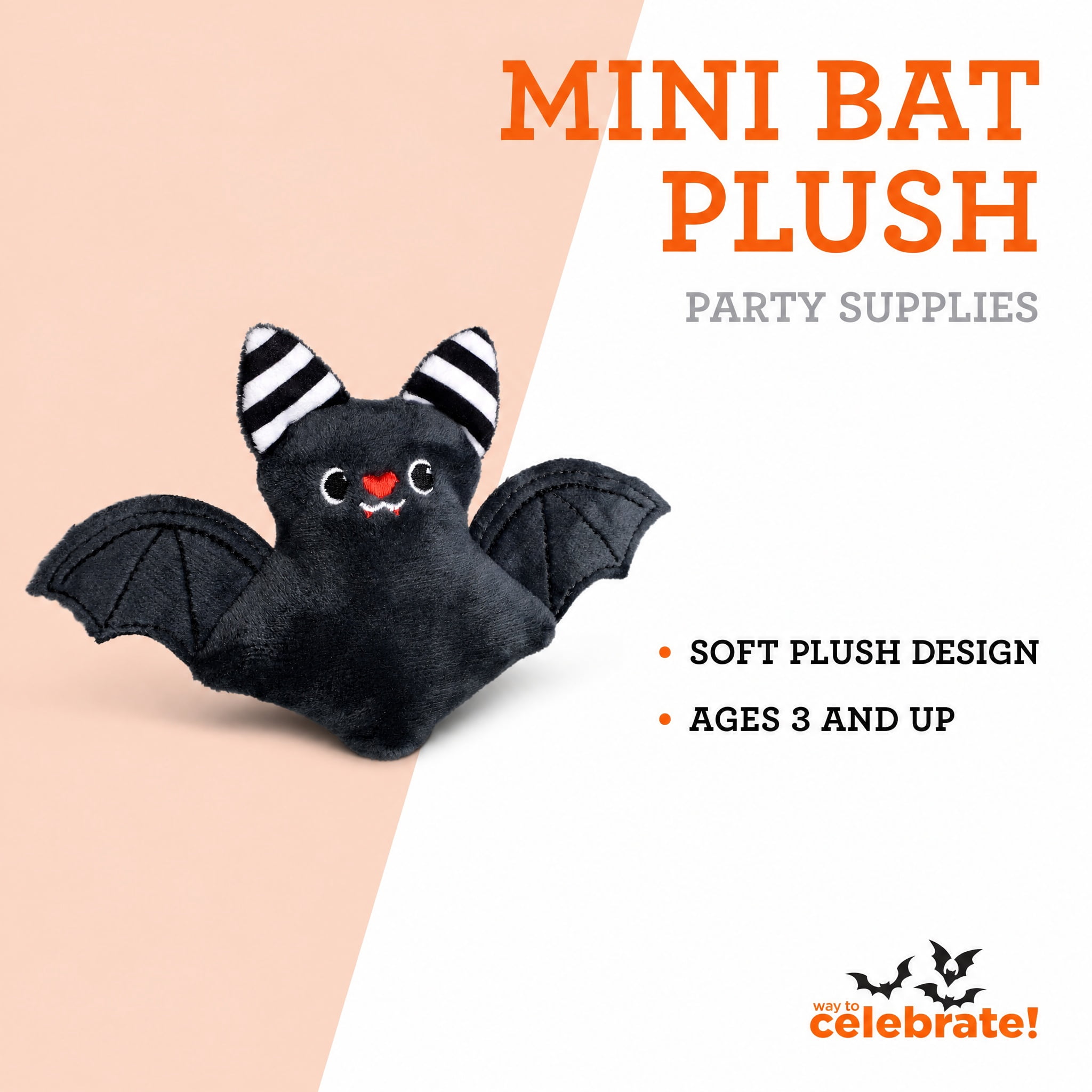 Mini Bat Plush, Black and White, 4.1", Halloween by Way To Celebrate