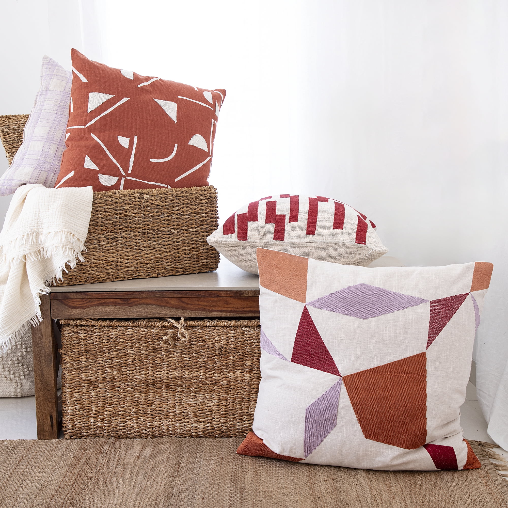 Ox Bay and Stacy Garcia 20" x 20" Red/Ivory Geometric Embroidered Cotton Blend Adult Decorative Throw Pillow