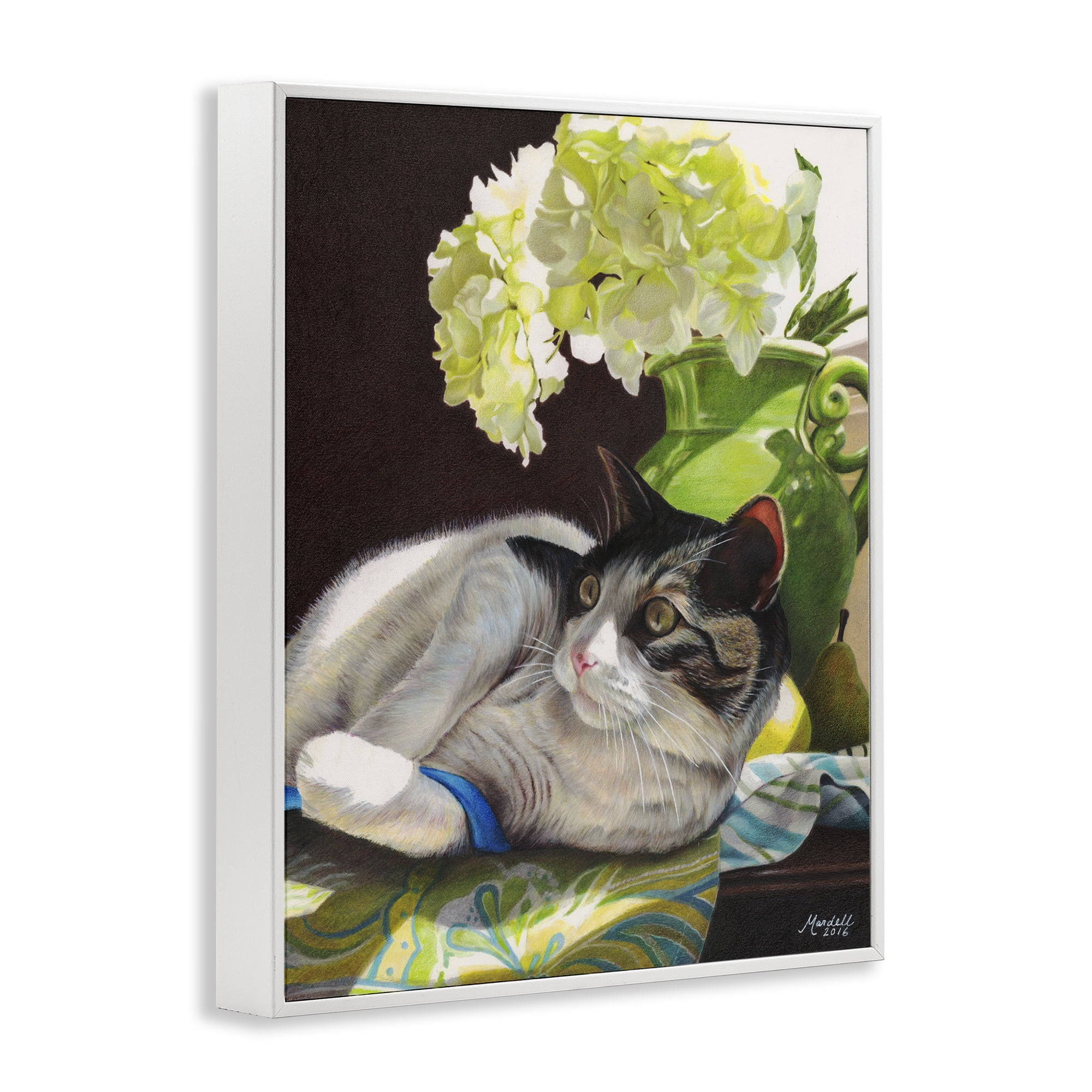 Stupell Industries Cat & Blue Ribbon Animals & Insects Painting White Framed Art Print Wall Art, 24 x 30