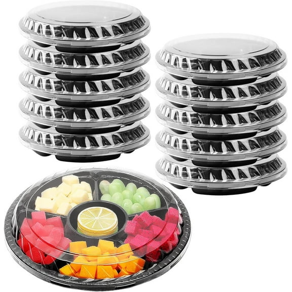 10 Pcs Plastic Appetizer Serving Tray with Lid Yahome 10.4in Round Plastic Disposable Serving Fruit Veggie Catering Tray with 6 Divided Compartment for Party Buffet (6 Compartment, Black)