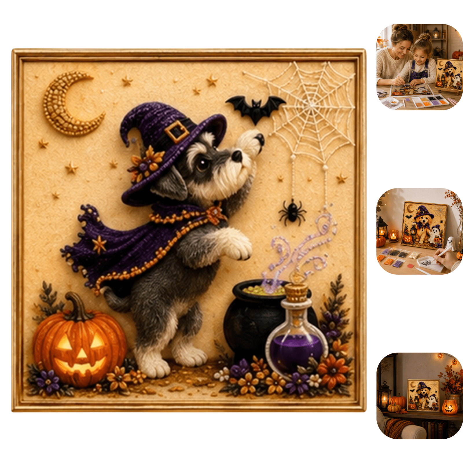 Halloween DIY Puppy Pearl Painting Kit 3D Diamond Art Craft Set 1pc Schnauzer Touch Spider Witch Puppy Canvas Dusk Fall Harvest DIY Mosaic Wall Decoration F