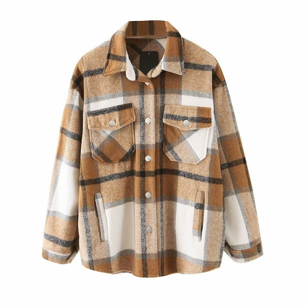 Women Plaid Button Down Jacket Long Sleeve Loose Coat Lapel Outwear with Pocket