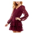 thumbnail image 3 of CITY STUDIO Womens Burgundy Lace Tie Waist Keyhole Back Closure Floral Balloon Sleeve V Neck Short Party Ruffled Dress S, 3 of 4