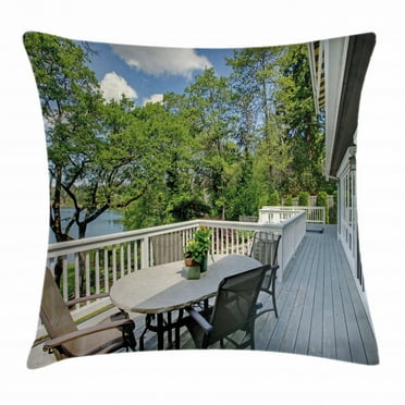 Modern Decor Throw Pillow Cushion Cover, Home Patio Balcony with Peaceful Woods in Clear Sunny Sky Photo, Decorative Square Accent Pillow Case, 16 X 16 Inches, White Green and Sky Blue, by Ambesonne