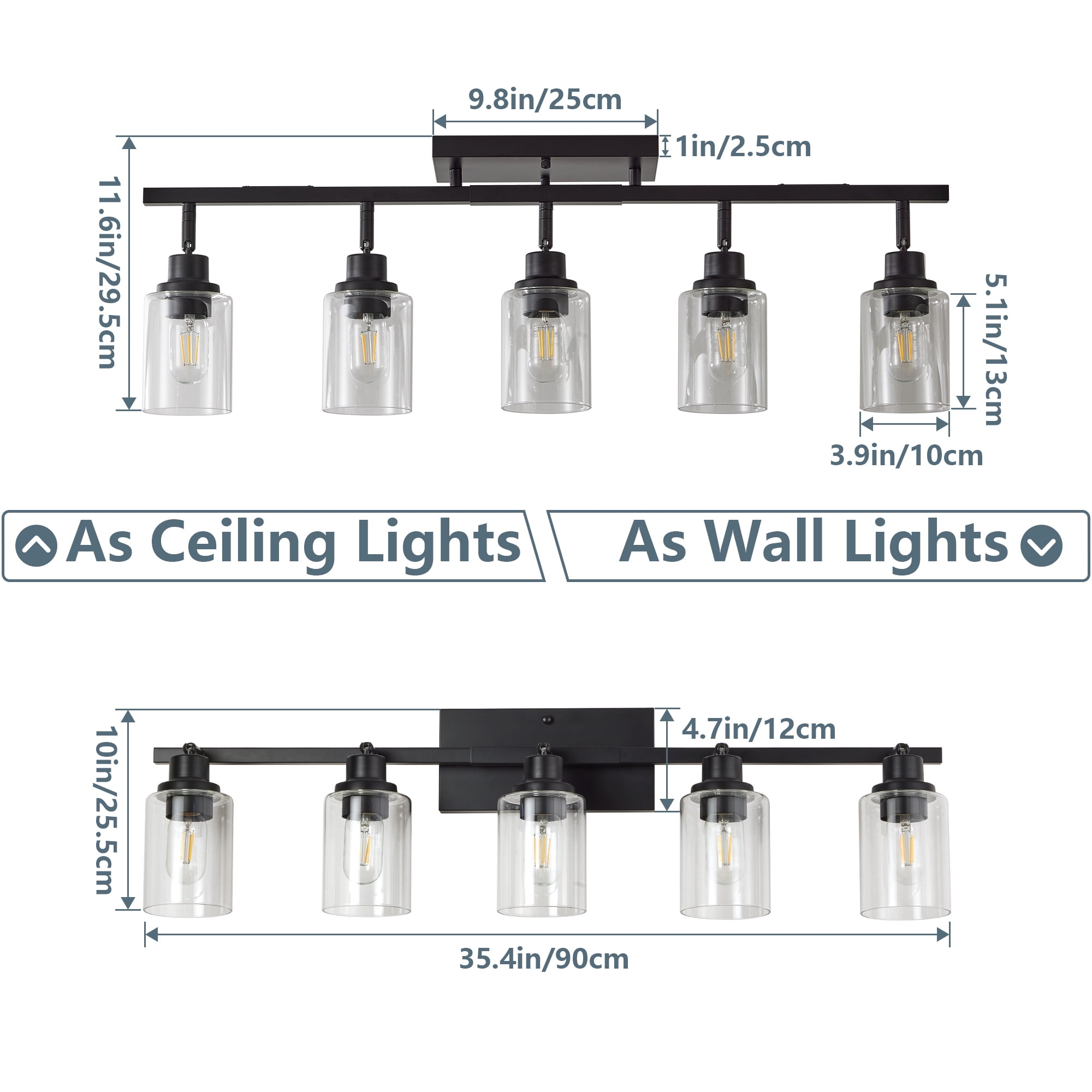 Jopath 5-Light Semi Flush Mount Ceiling Light, Adjustable Chandelier with Clear Glass Shades, Rotatable Black Track Lighting Fixtures for Hallway Foyer Bedroom(Bulb Not Included)