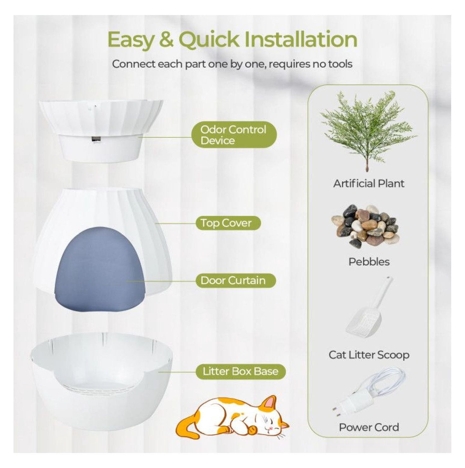 Cat Litter Box with Electronic Odor Removal, Plant Design Enclosed Litter Box with Door, ABS Durable Construction, Easy Clean, White+Green, 63L Capacity
