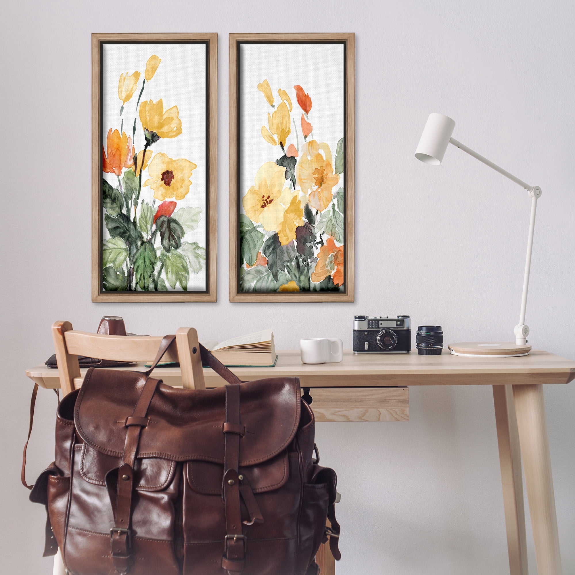 Stupell Industries Yellow Spring Flowers Botanical & Floral Painting Brown Floater Framed Canvas Art Print Wall Art, 15 x 31, Set of 2