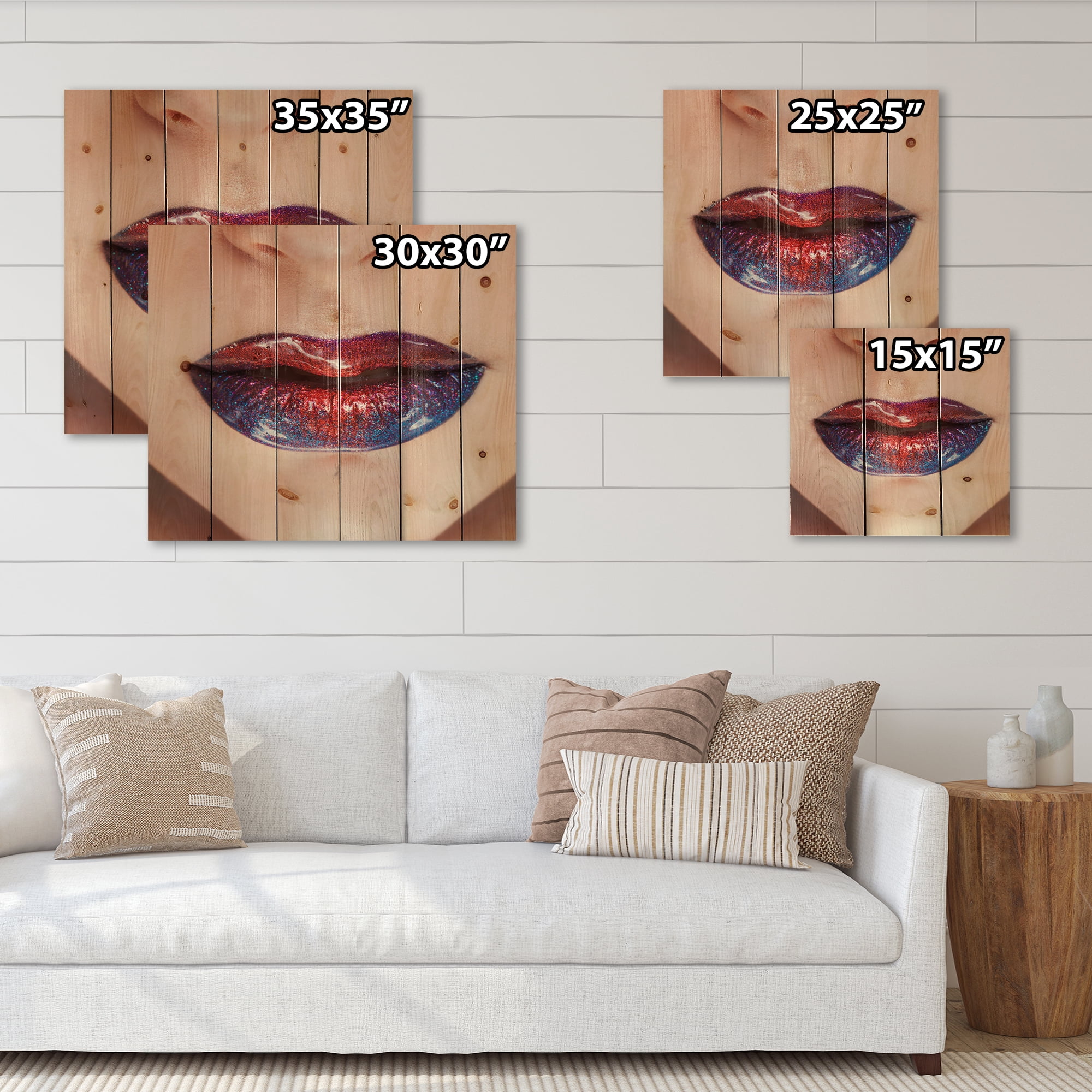 Designart 'Beautiful Women Lips With Red and Blue Lipstick' Modern Print on Natural Pine Wood