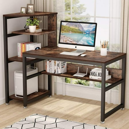 Computer Desk with 4-Tier Storage Shelves, 58 inch Large Industrial Office Desk Study Writing Table Workstation with Bookshelf and Tower Shelf for Home Office(Brown)