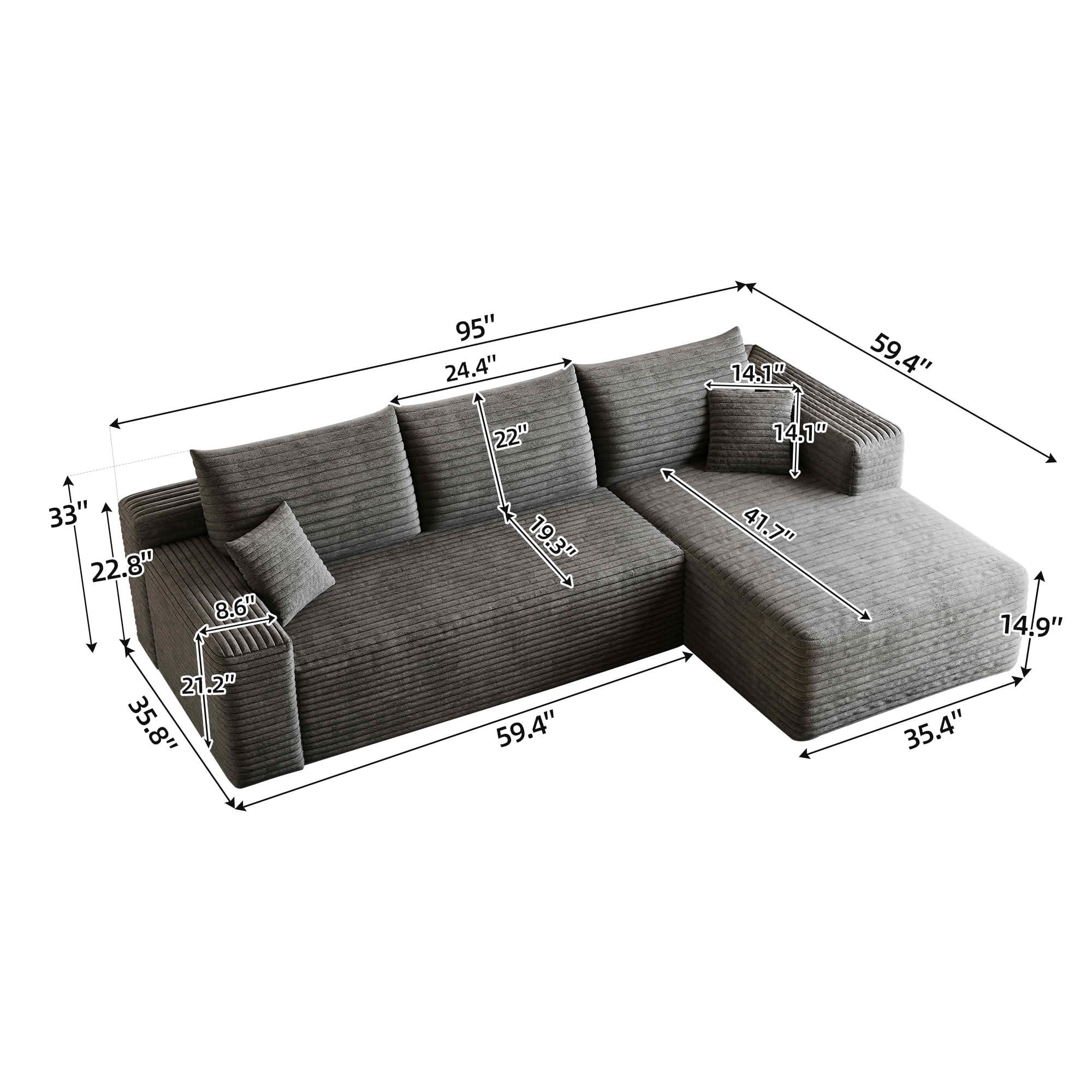 MAYEERTY 95 Inch L‑Shaped Cloud Sectional Sofa, Modern Minimalist Deep‑Seat Corner Couch, Plush Corduroy Upholstered Reversible Sofa, No‑Assembly Required for Living Room Bedroom Apartment