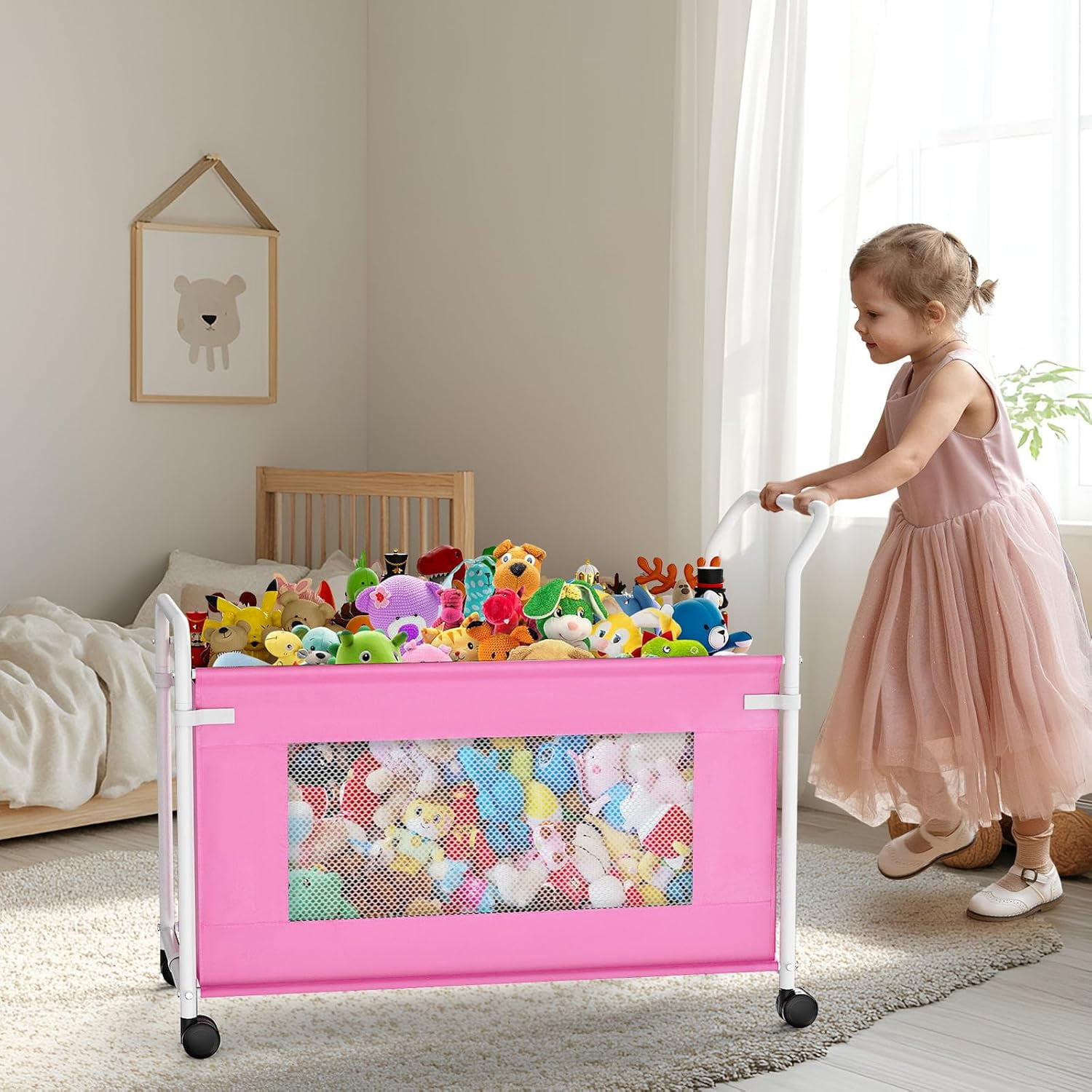 Extra Large Toy Box for Kids with 360° Rotating Wheels, Heavy Duty Toy Chest for Boys and Girls, Toy Storage Organizer for Kids, Toy Bins for Living Room, Nursery, Bedroom (Pink)