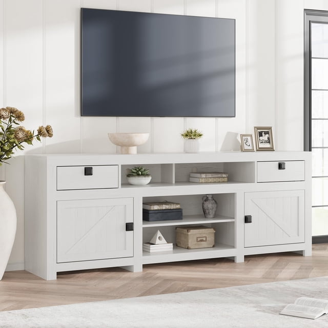 Mesa de TV comedor estilo rústico - Centro de entretenimiento de 178 cm con 4 cajones, 3 estantes abiertos y armarios - Para salón o dormitorio - Diseño farmhouse robusto - 1.78 meters antique white