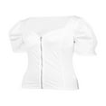 thumbnail image 4 of Women Short Puff Sleeve T-Shirts Summer Zip V Neck Solid Color Slim Tops Lady Basic Tee Red S, 4 of 9