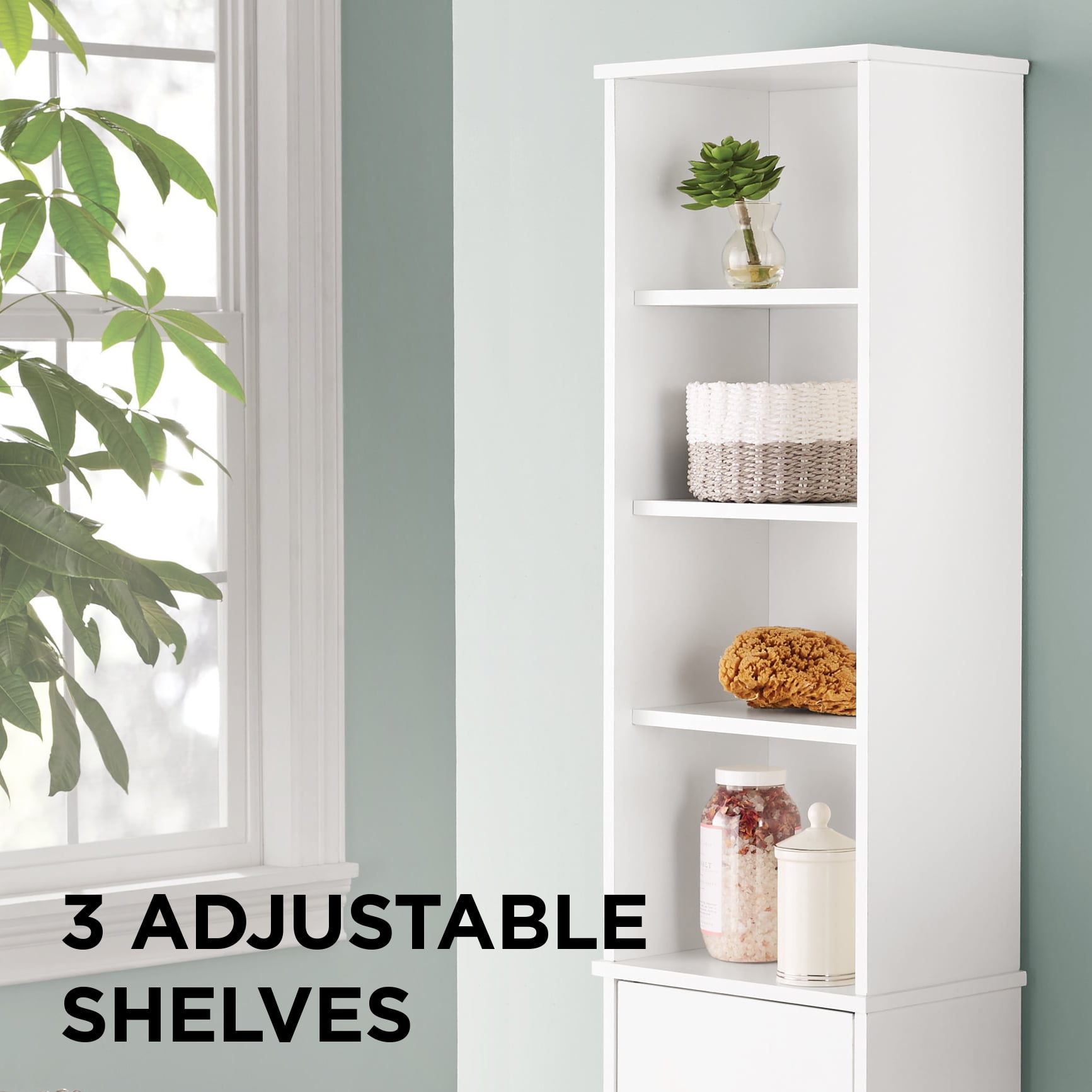 White Bathroom Storage Linen Tower with Mix of 6 Open and Concealed Shelves,  Mainstays 