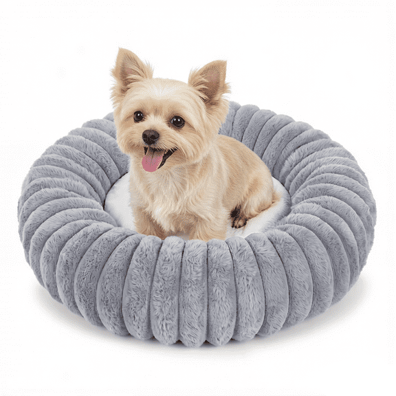 Exclusivo Mezcla Calming Donut Dog Bed, 20 inches Cozy Fluffy Faux Rabbit Fur Round Pet Bed, Machine Washable, Light Grey