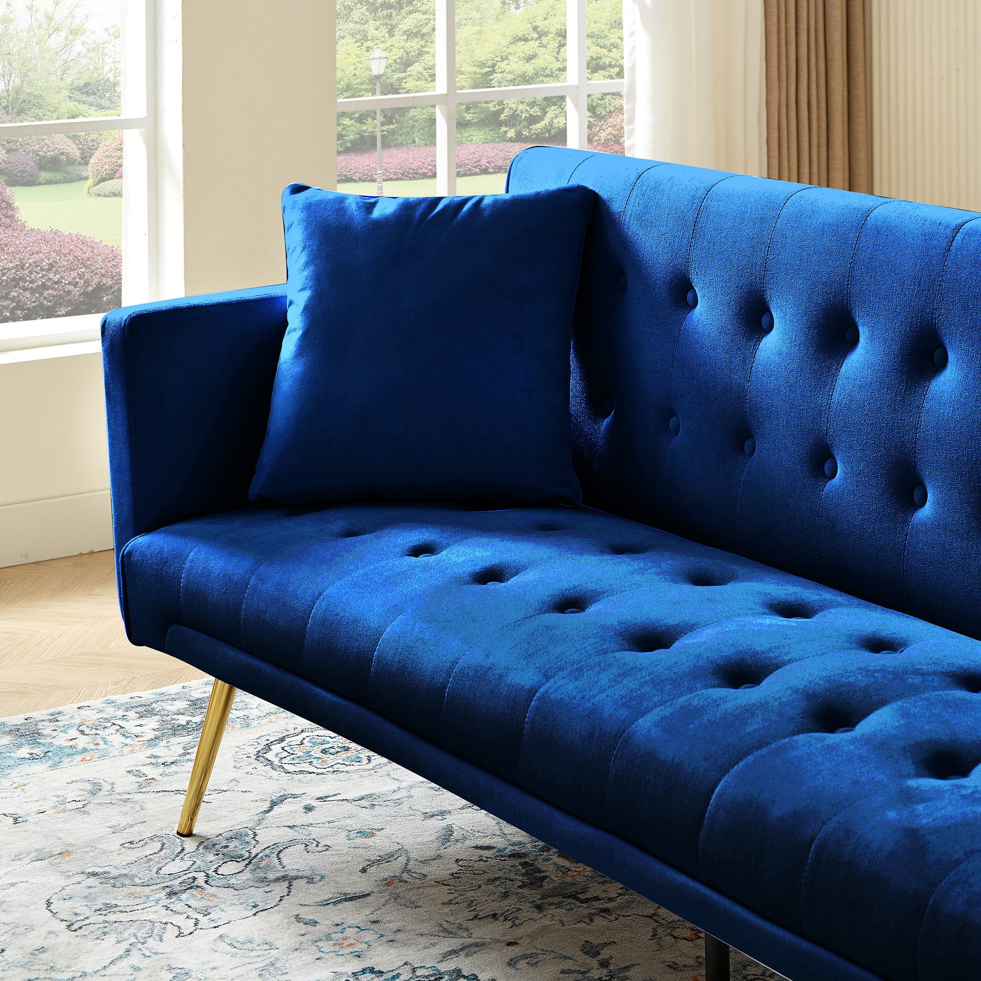 Bianlte Modern Velvet Futon Sofa Bed,Convertible Sleeper Sofa Couch with 3 Adjustable Couch Loveseat with Metal Leg for Living Room and Bedroom,Blue