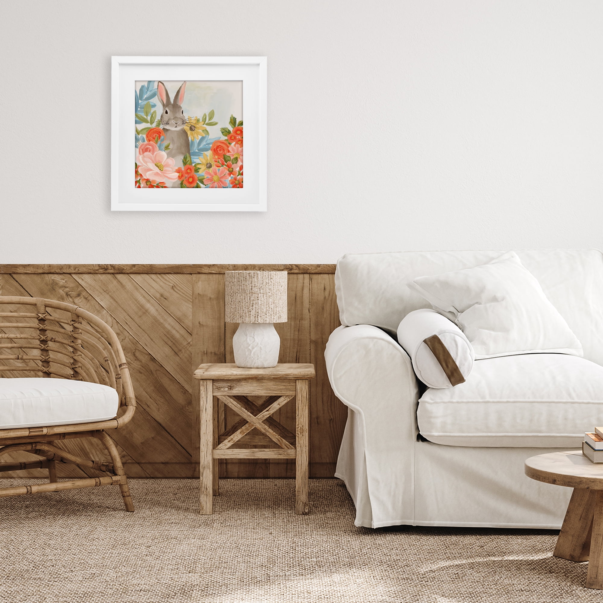 Stupell Industries Bunny Among The Blooms White Framed Print Under Glass, design by Cat Thurman Designs
